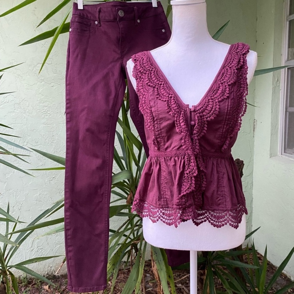 Burgundy Pants and Lace Tank Set